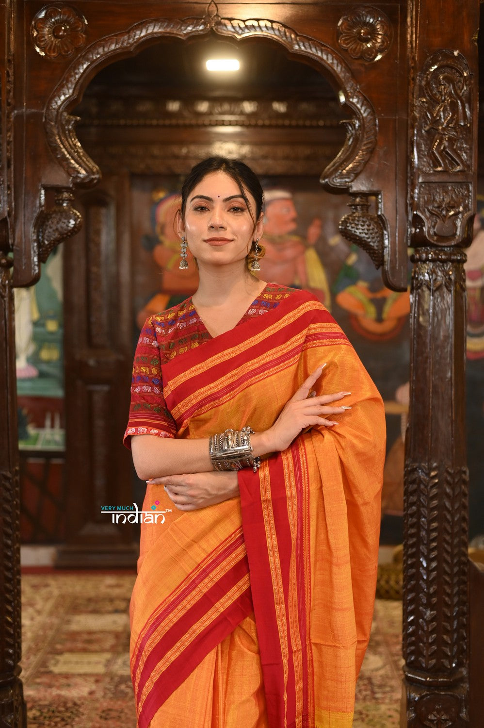 Very Much Indian Handloom Cotton Viscose Ilkal Saree With Pure Resham Pallu - Bright Mustard Yellow With Red Border | Swadesiicart