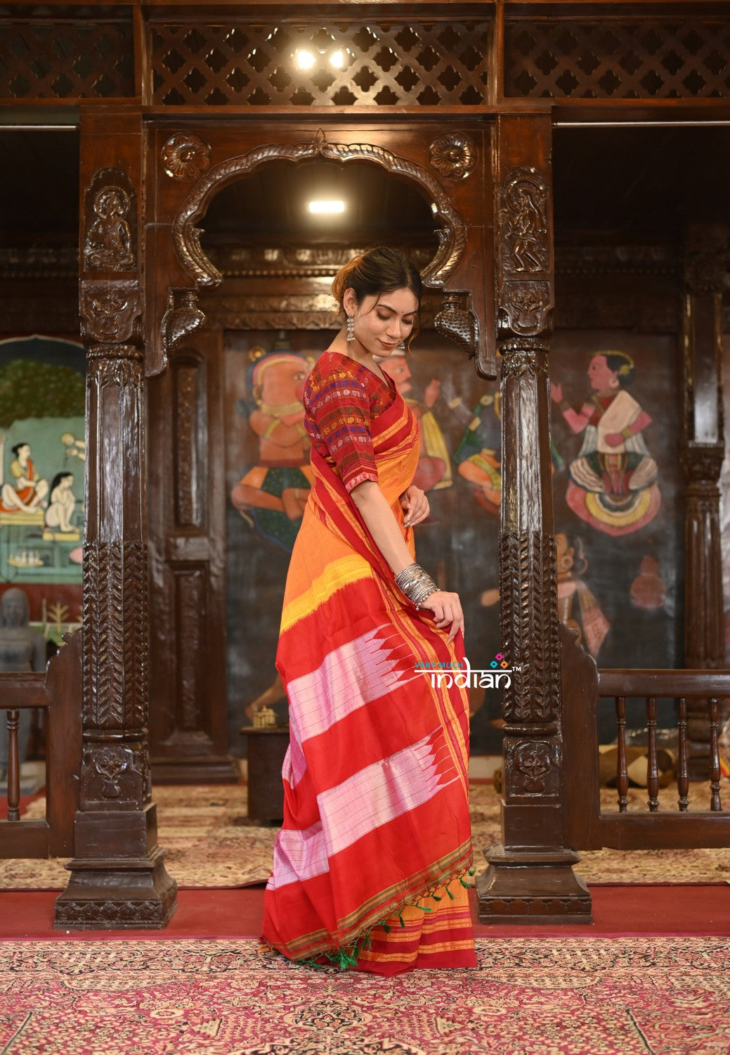 Very Much Indian Handloom Cotton Viscose Ilkal Saree With Pure Resham Pallu - Bright Mustard Yellow With Red Border | Swadesiicart