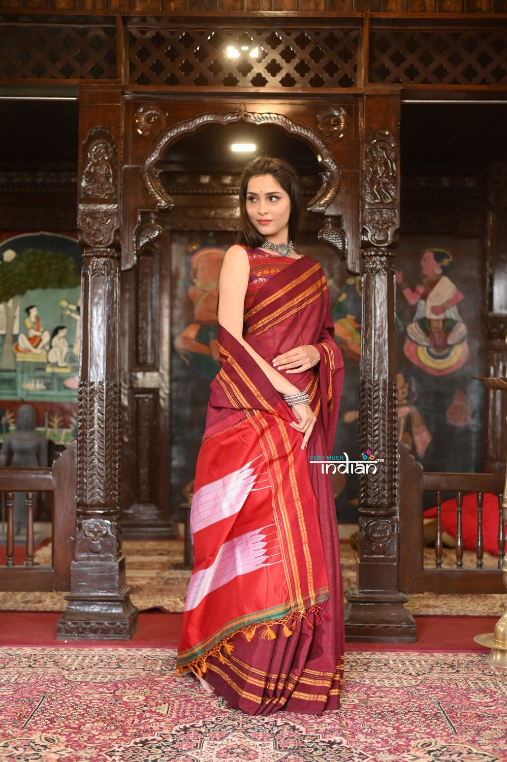 Very Much Indian Handloom Cotton Viscose Ilkal Saree With Pure Resham Pallu - Bright Maroon With Red Border | Swadesiicart