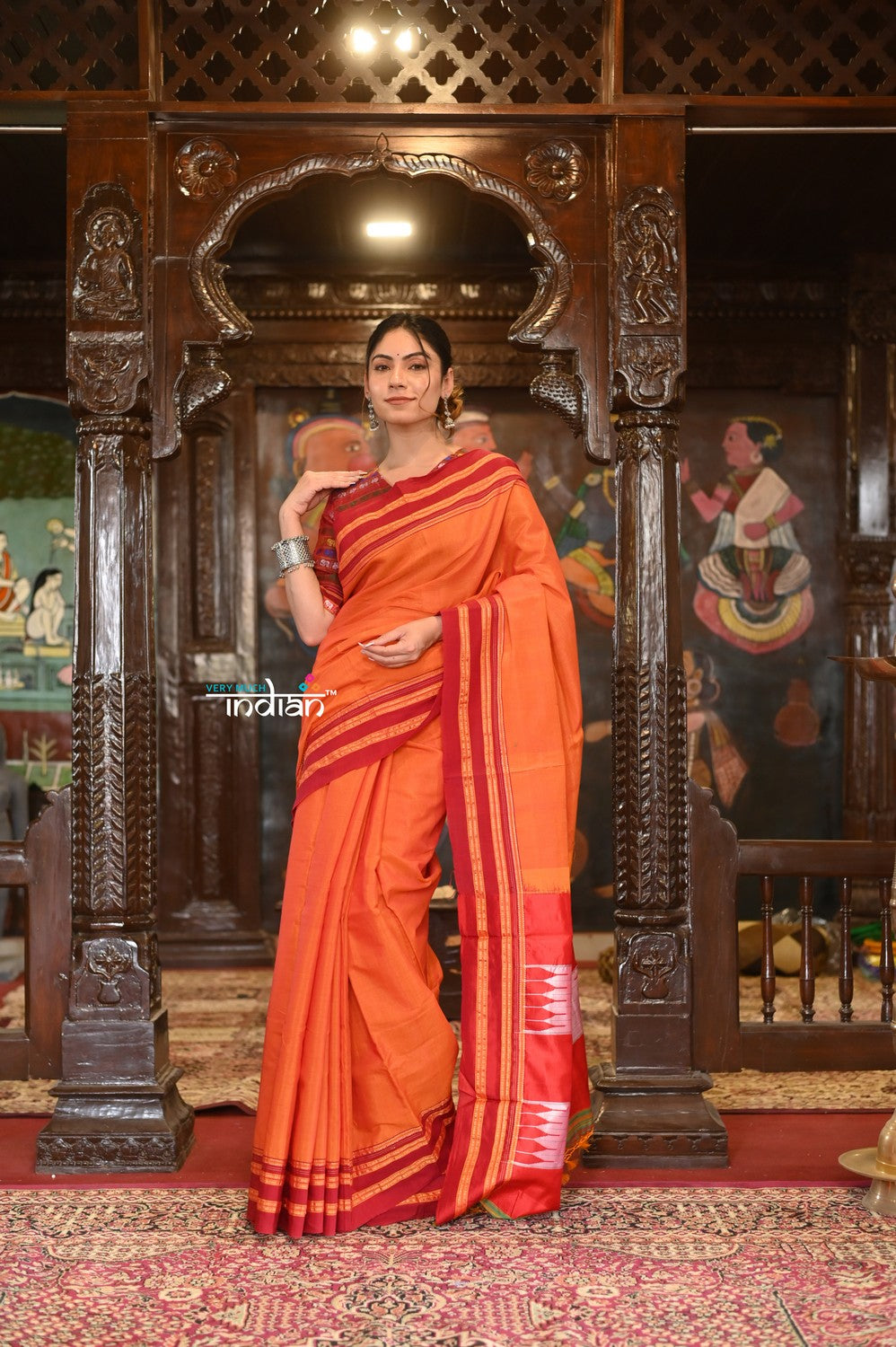 Very Much Indian Handloom Cotton Viscose Ilkal Saree With Pure Resham Pallu - Bright Orange With Red Border | Swadesiicart