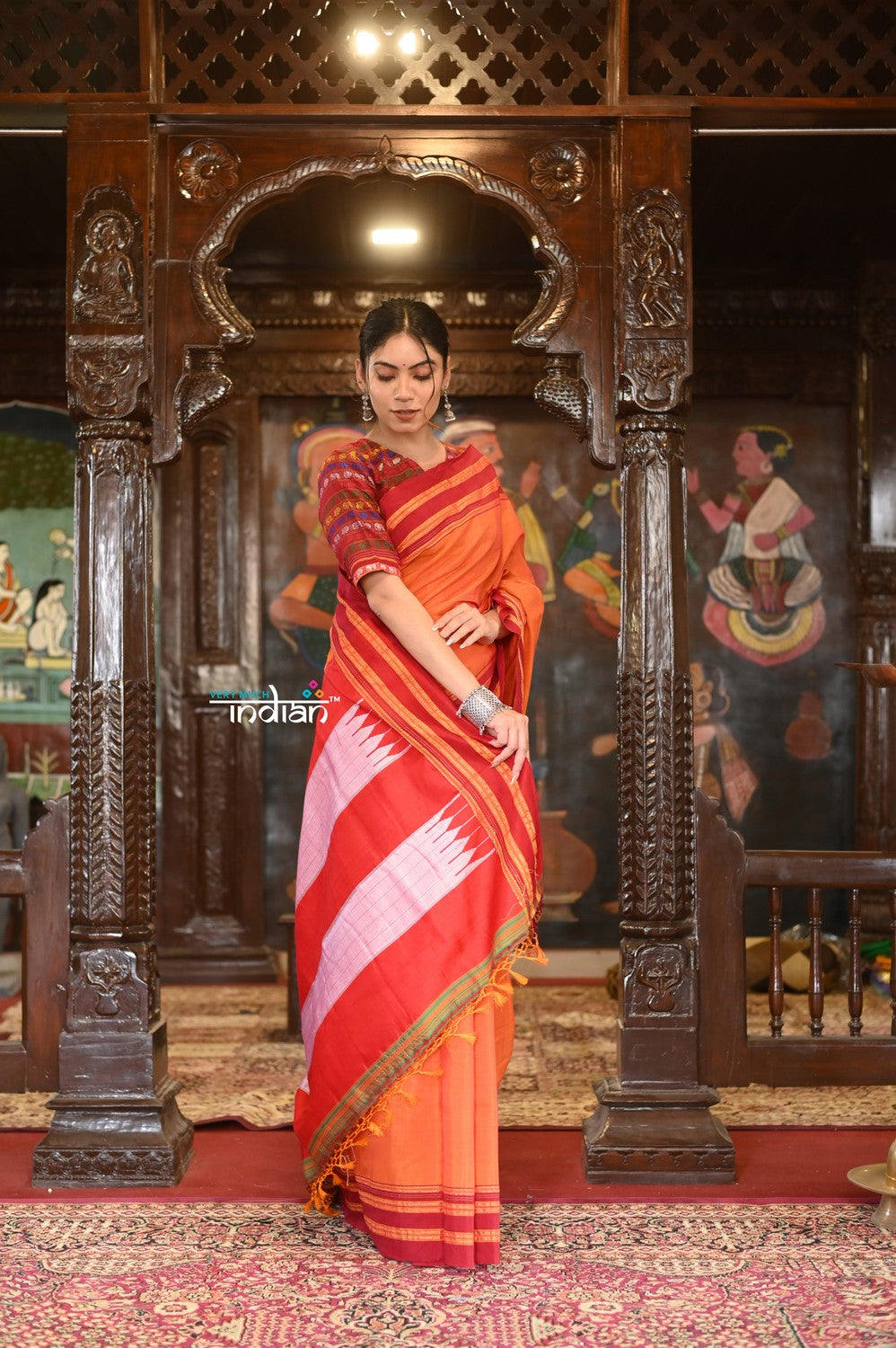 Very Much Indian Handloom Cotton Viscose Ilkal Saree With Pure Resham Pallu - Bright Orange With Red Border | Swadesiicart