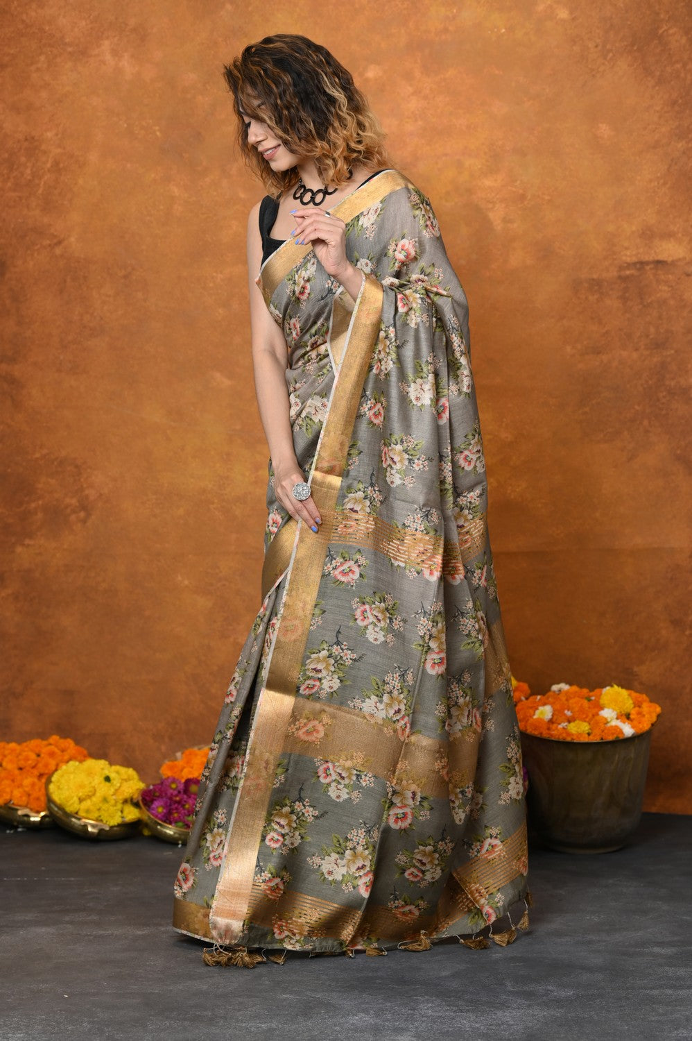 Very Much Indian Designed By VMI - Handloom Moonga Tussar Silk Saree With Digital Floral Print | Swadesiicart