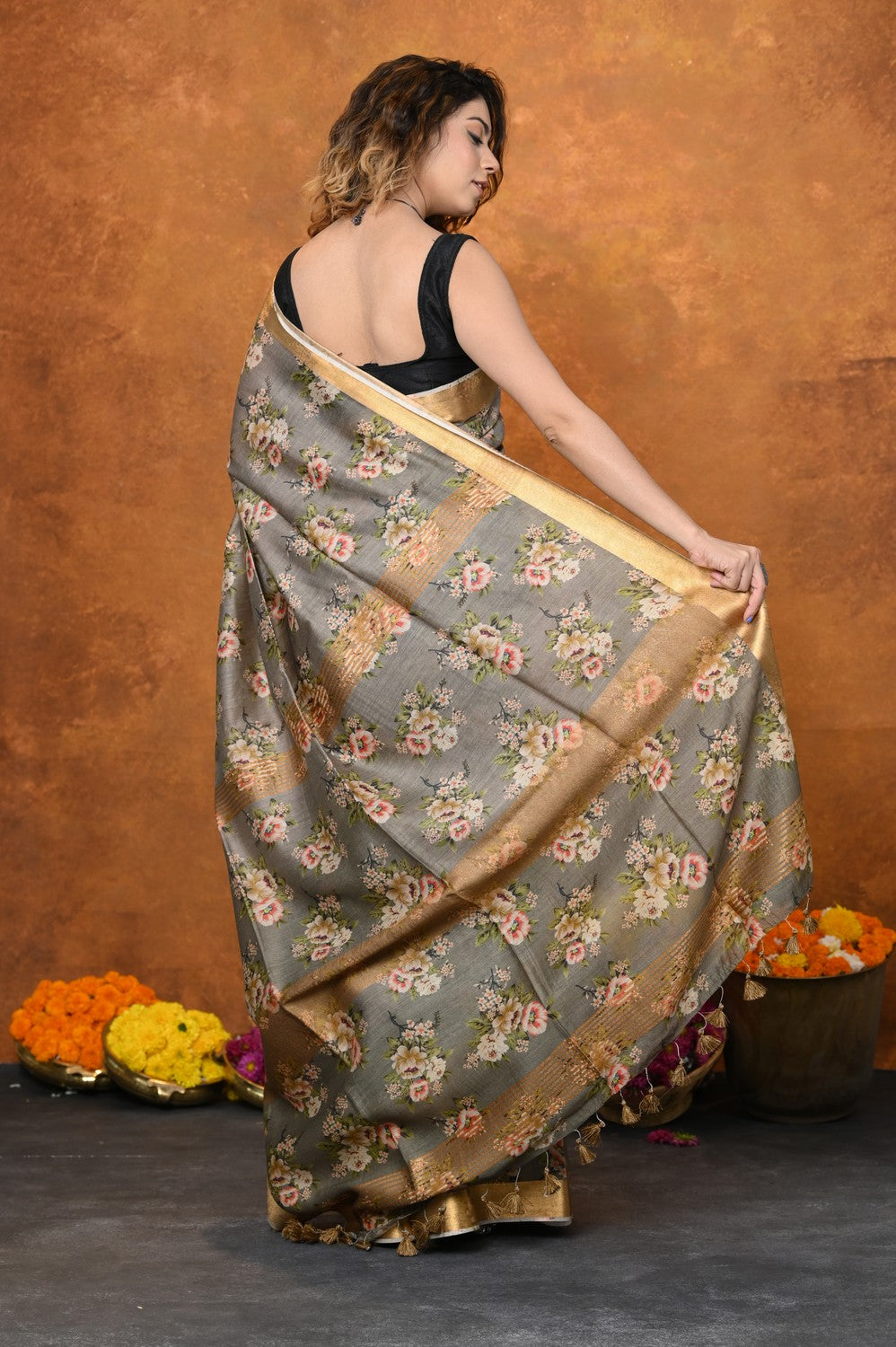 Very Much Indian Designed By VMI - Handloom Moonga Tussar Silk Saree With Digital Floral Print | Swadesiicart