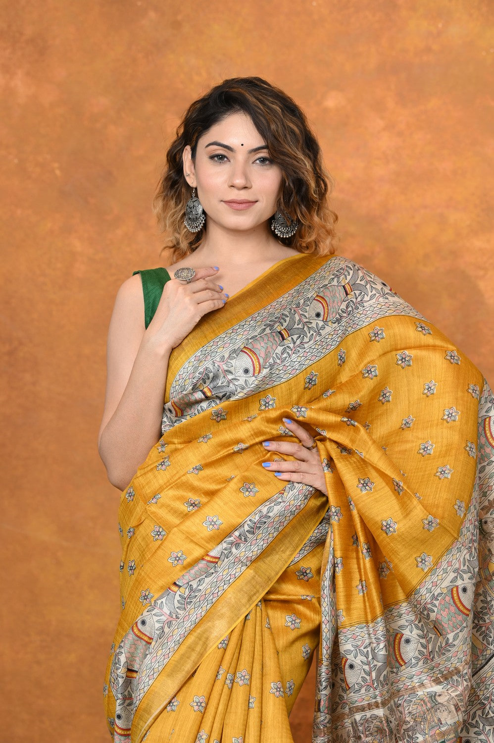 Very Much Indian Designed By VMI - Handloom Pure Tussar Silk Saree With Beautiful Madhubani Print - Yellow | Swadesiicart