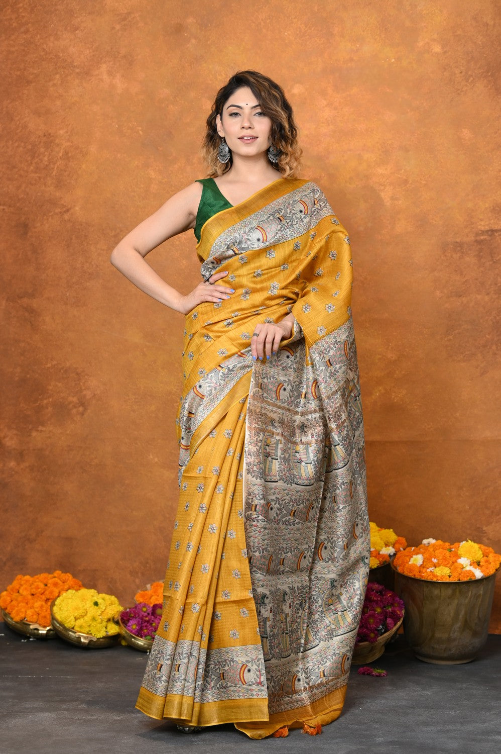 Very Much Indian Designed By VMI - Handloom Pure Tussar Silk Saree With Beautiful Madhubani Print - Yellow | Swadesiicart