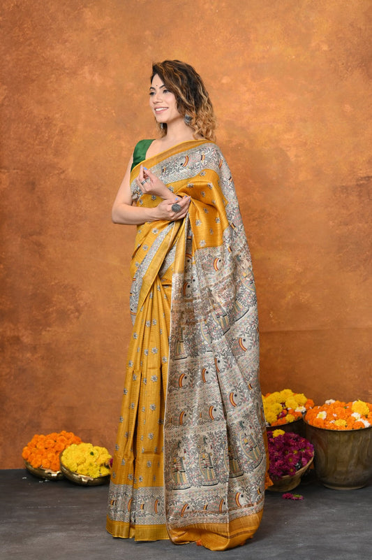 Very Much Indian Designed By VMI - Handloom Pure Tussar Silk Saree With Beautiful Madhubani Print - Yellow | Swadesiicart