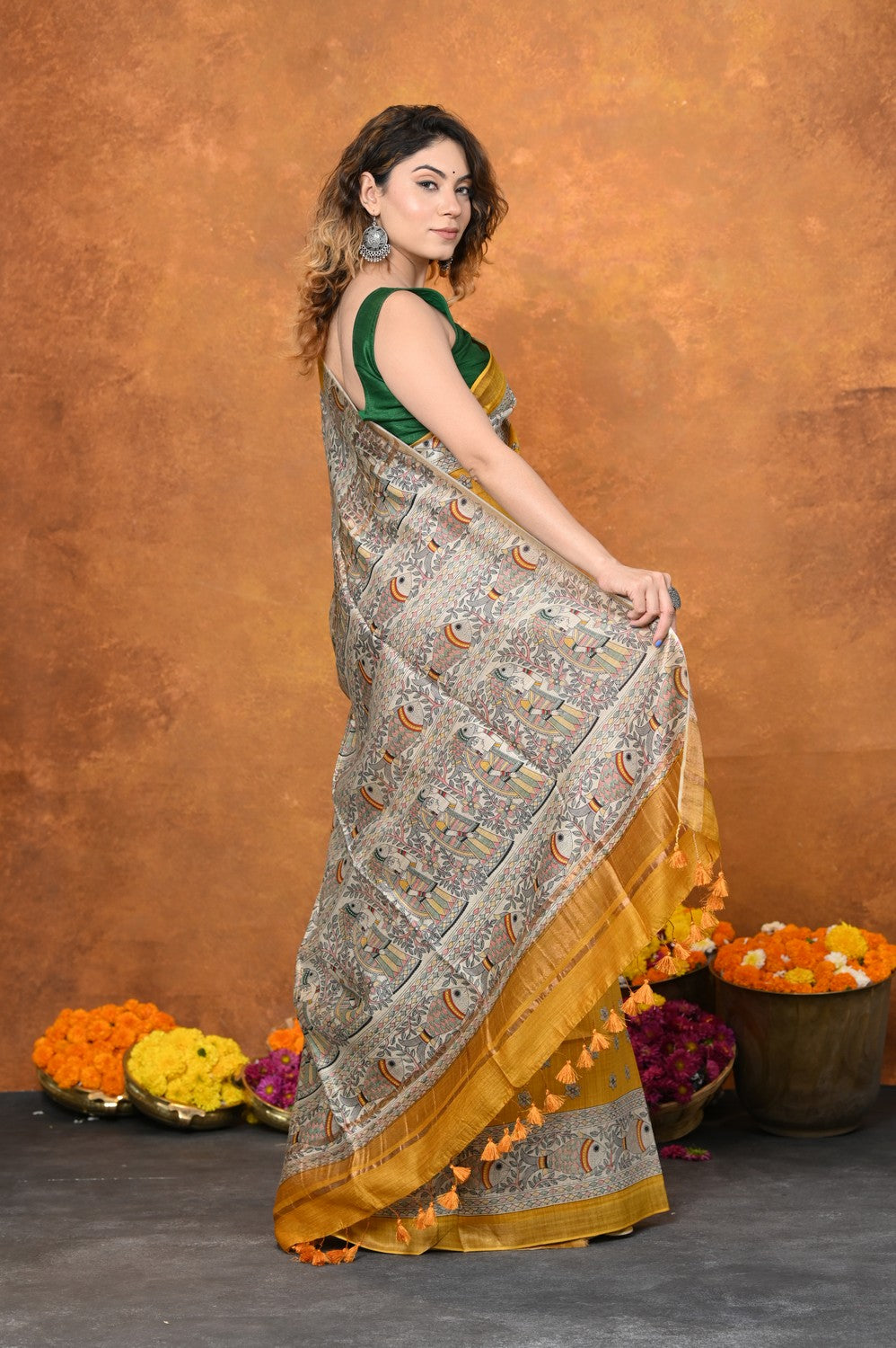 Very Much Indian Designed By VMI - Handloom Pure Tussar Silk Saree With Beautiful Madhubani Print - Yellow | Swadesiicart