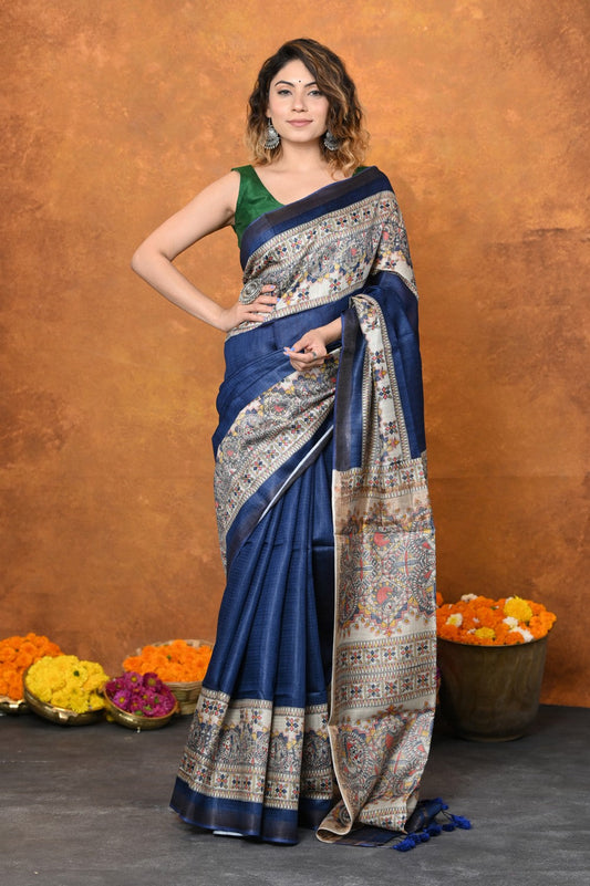 Very Much Indian Designed By VMI - Handloom Pure Tussar Silk Saree With Beautiful Madhubani Print - Blue | Swadesiicart