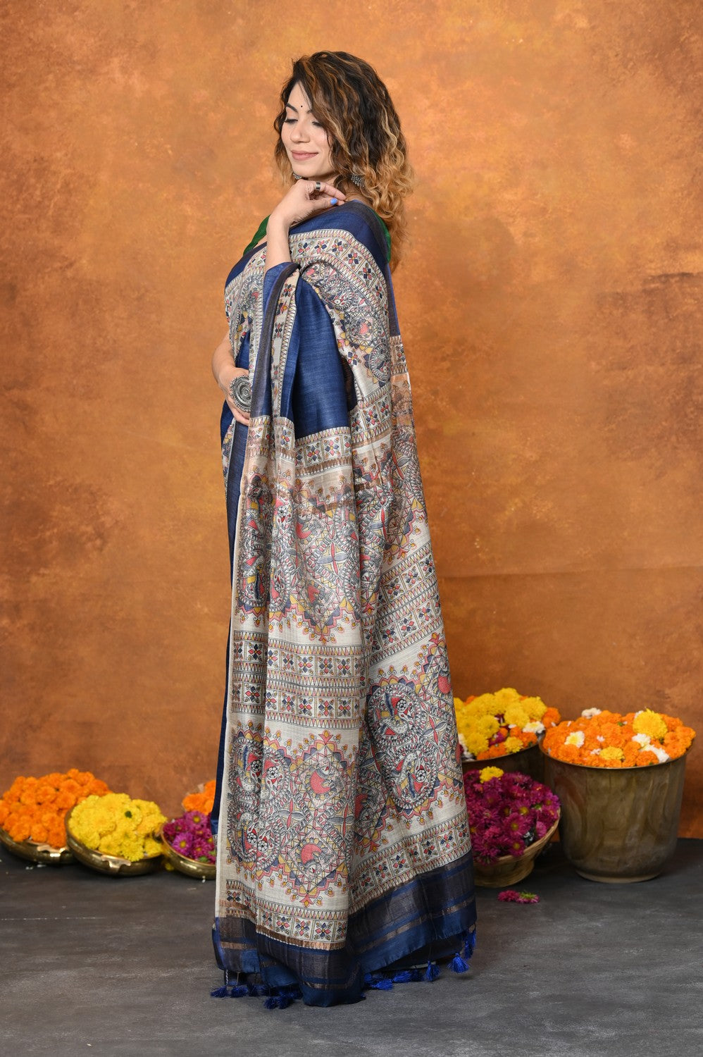 Very Much Indian Designed By VMI - Handloom Pure Tussar Silk Saree With Beautiful Madhubani Print - Blue | Swadesiicart