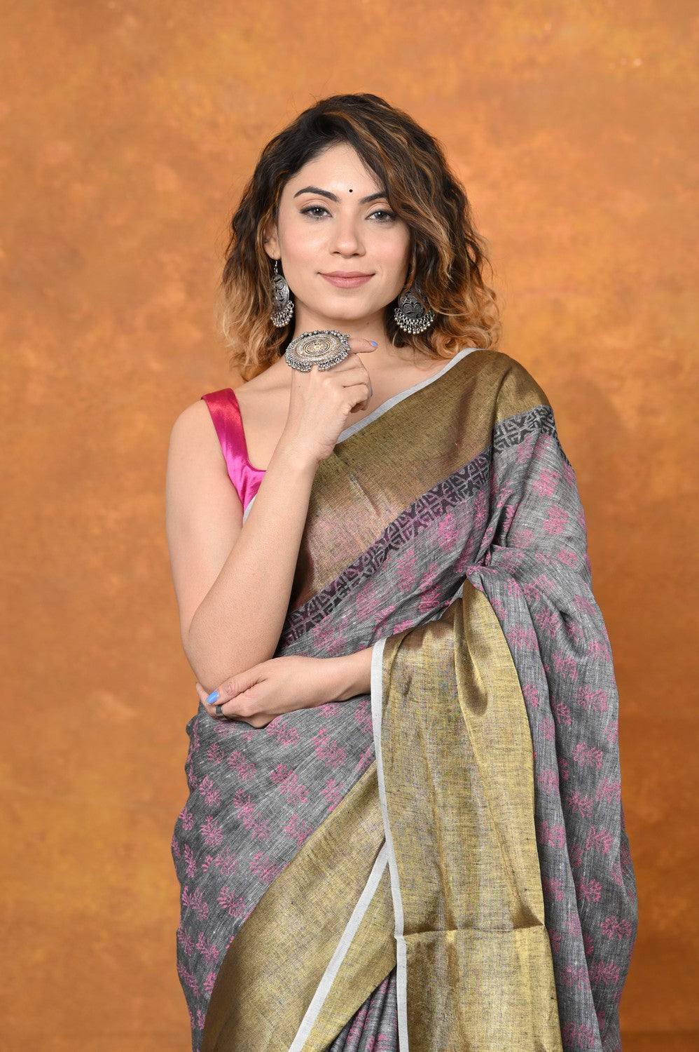 Very Much Indian Designed By VMI - Handloom Pure Organic Natural Linen Saree - HandBlock Printed | Swadesiicart