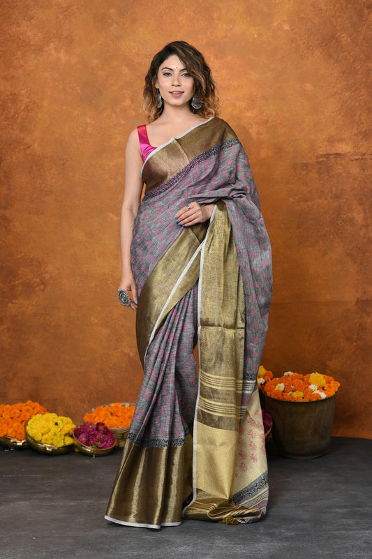 Very Much Indian Designed By VMI - Handloom Pure Organic Natural Linen Saree - HandBlock Printed | Swadesiicart