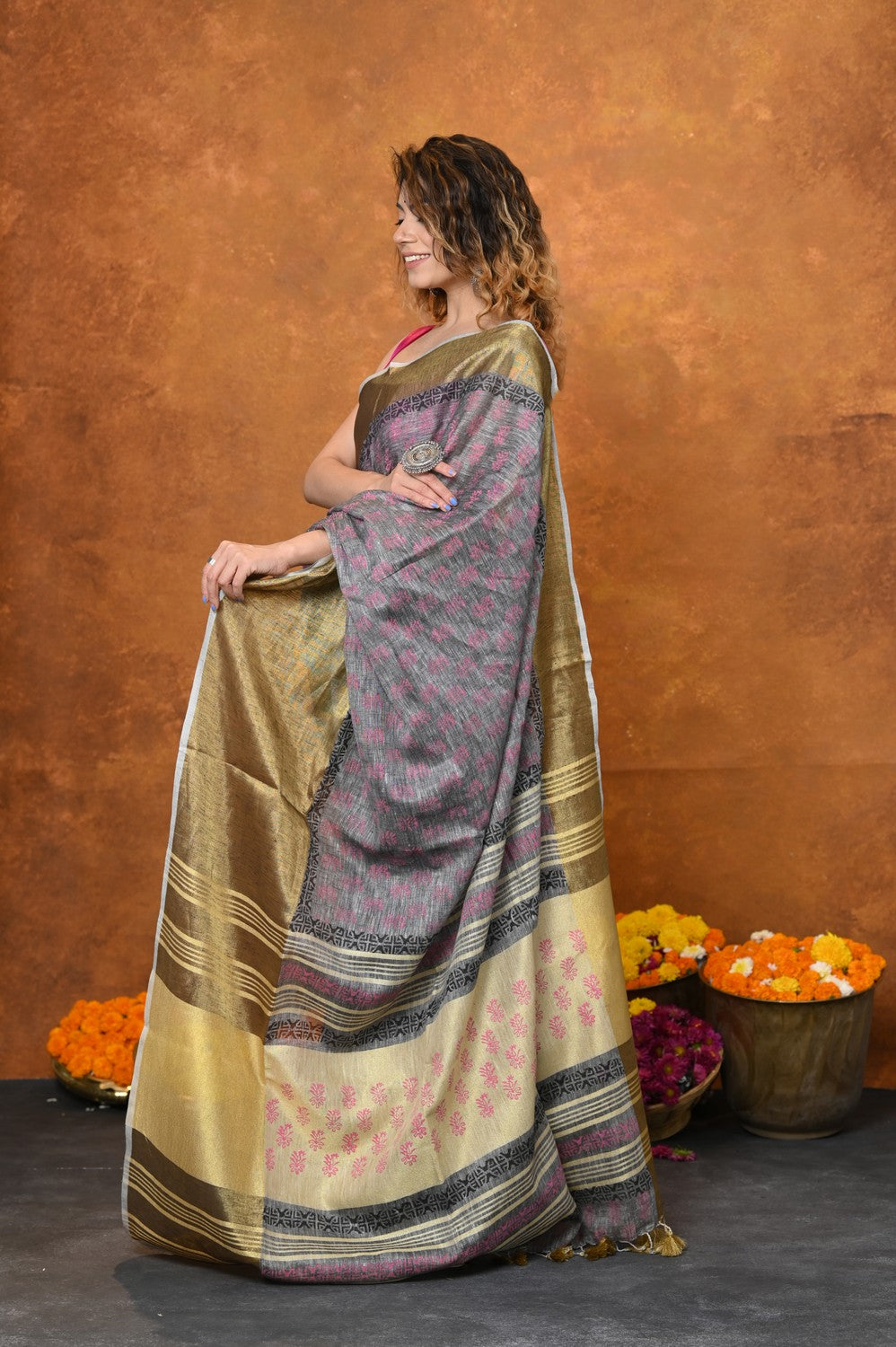 Very Much Indian Designed By VMI - Handloom Pure Organic Natural Linen Saree - HandBlock Printed | Swadesiicart