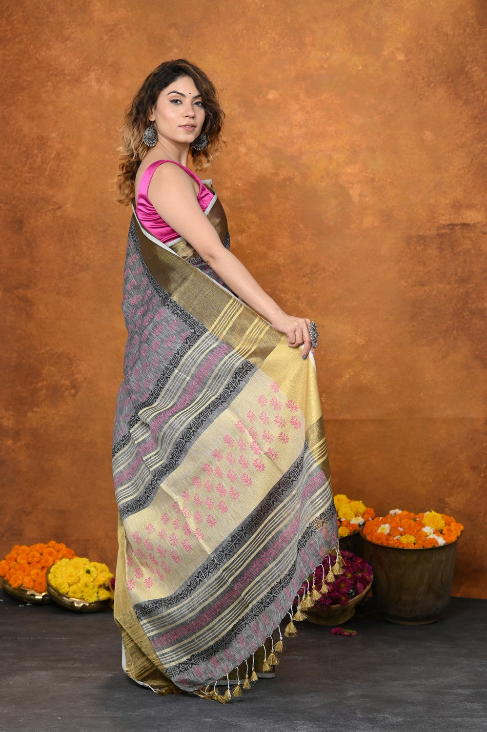 Very Much Indian Designed By VMI - Handloom Pure Organic Natural Linen Saree - HandBlock Printed | Swadesiicart