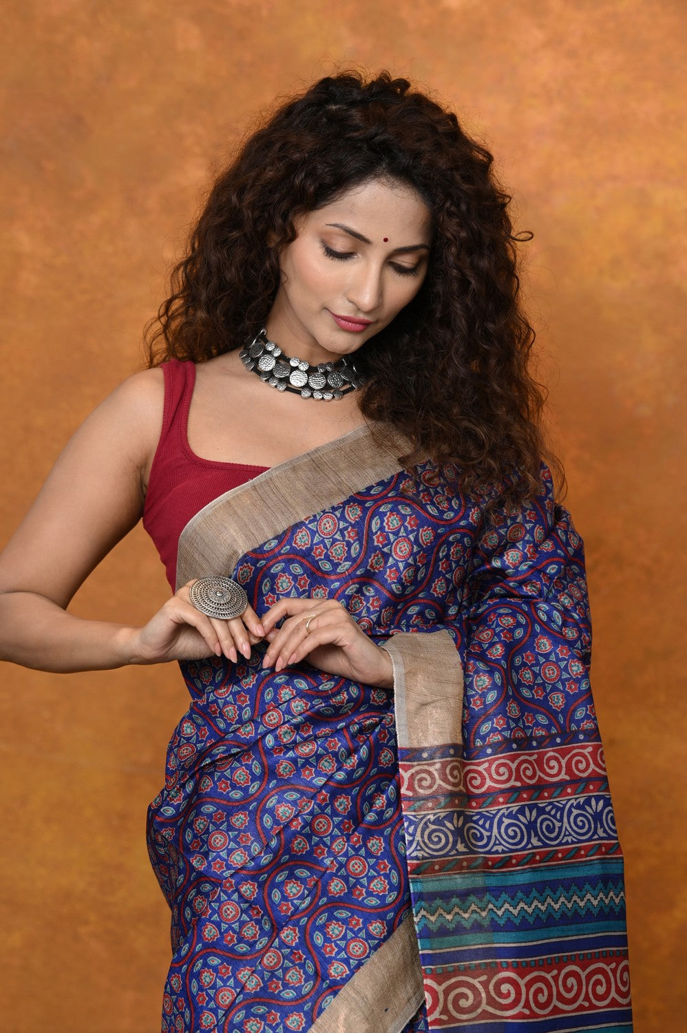 Very Much Indian Designed By VMI - Handloom Pure Organic Natural Linen Saree - HandBlock Printed | Swadesiicart