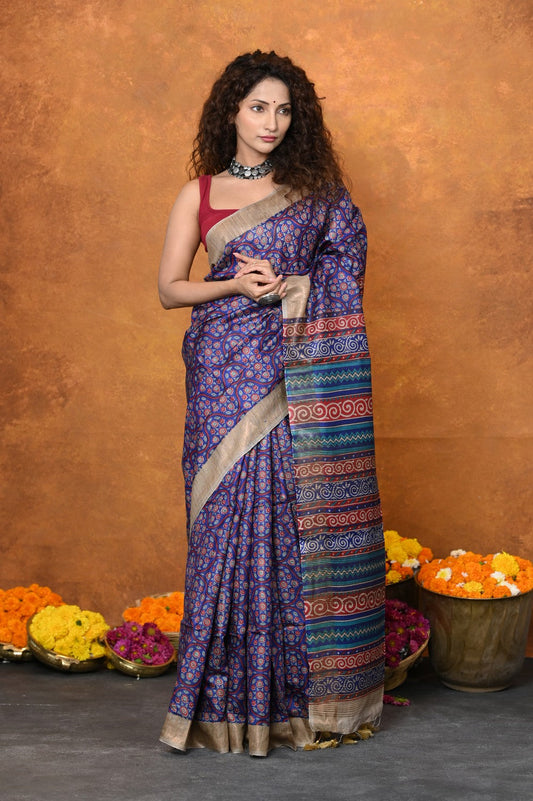 Very Much Indian Designed By VMI - Handloom Pure Organic Natural Linen Saree - HandBlock Printed | Swadesiicart