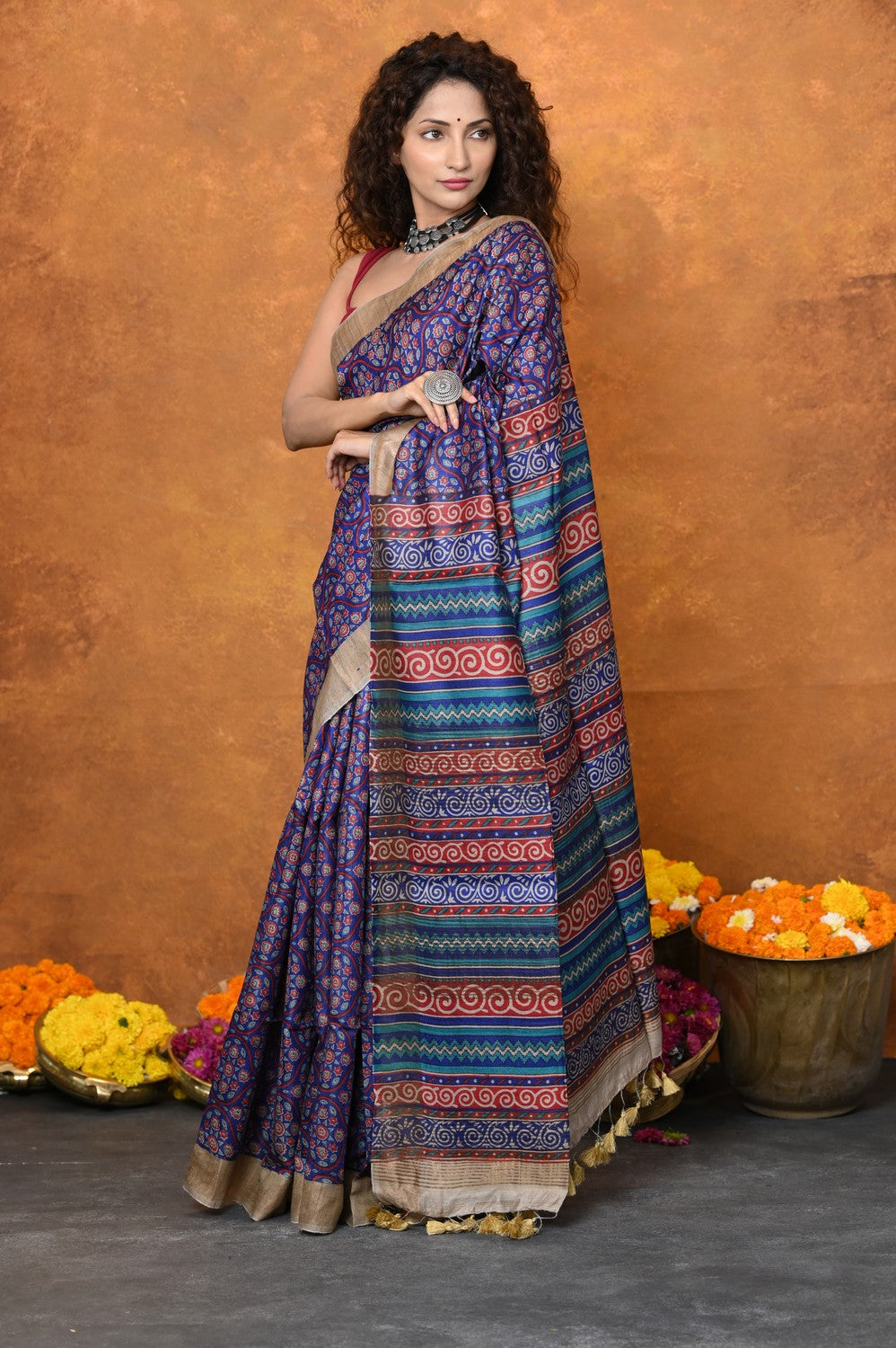 Very Much Indian Designed By VMI - Handloom Pure Organic Natural Linen Saree - HandBlock Printed | Swadesiicart