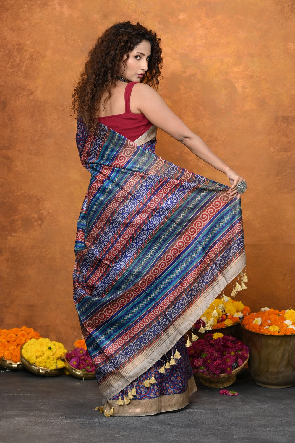 Very Much Indian Designed By VMI - Handloom Pure Organic Natural Linen Saree - HandBlock Printed | Swadesiicart