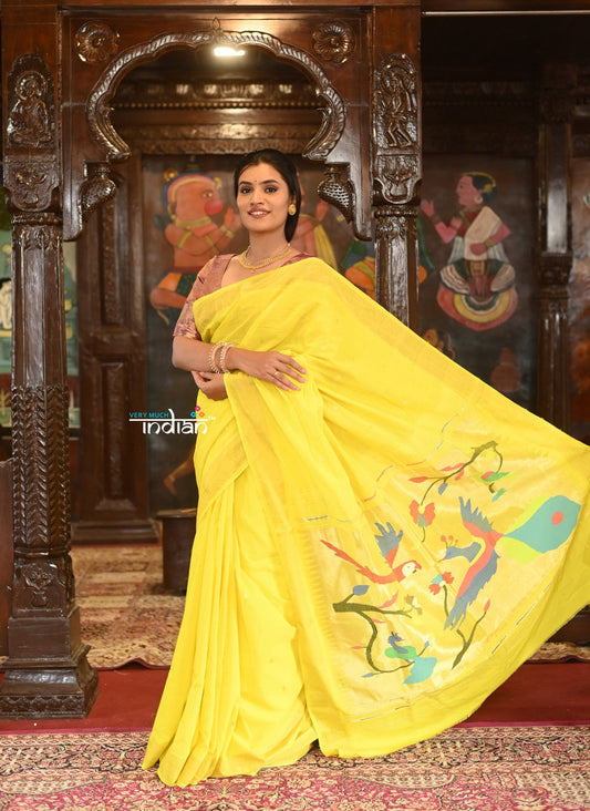 Very Much Indian Authentic Handloom Pure Cotton Paithani with Traditional Peacock Pallu - Lime Yellow | Swadesiicart