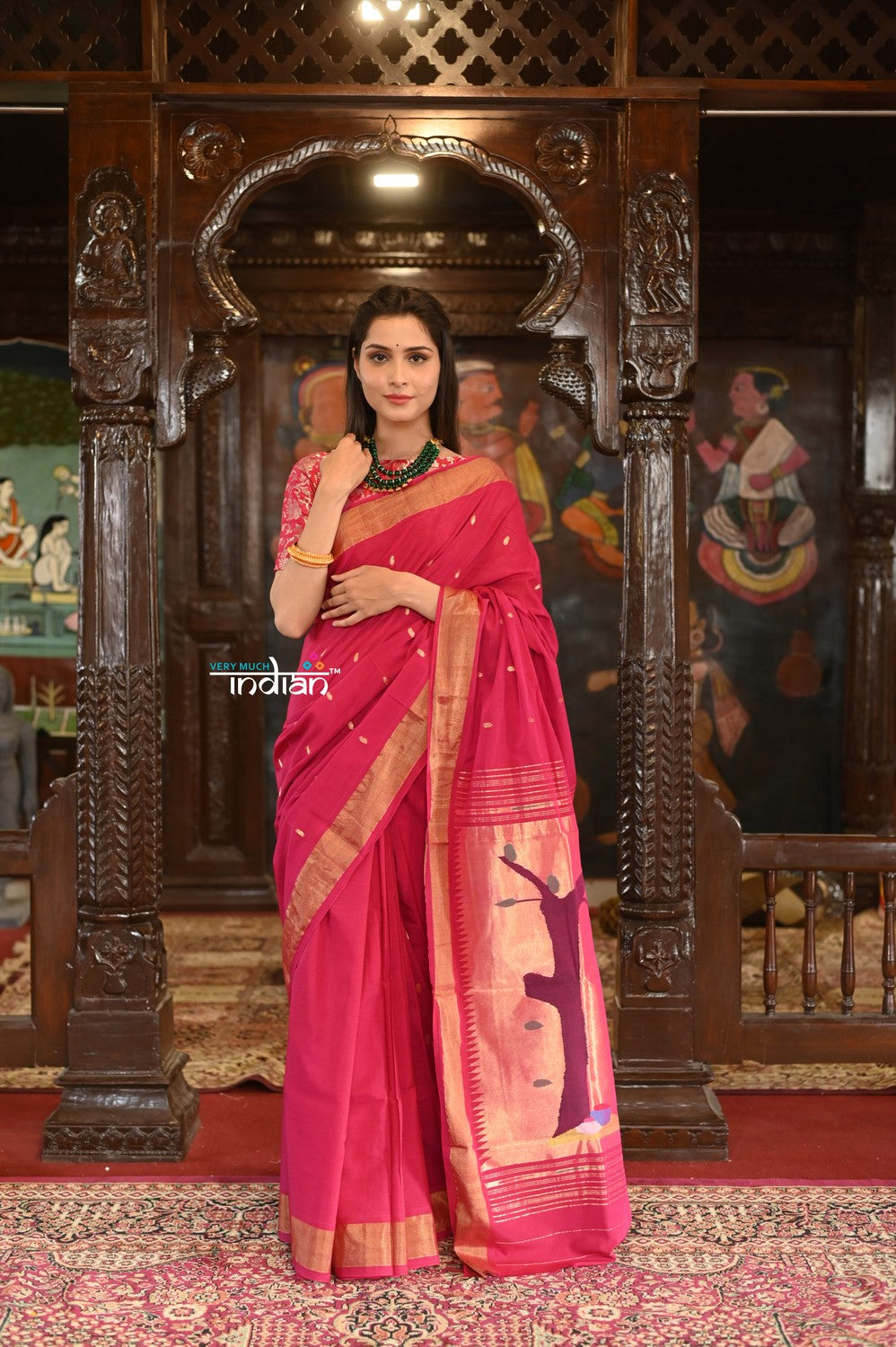 Very Much Indian Authentic Handloom Pure Cotton Paithani with Traditional Radha Krishna Pallu - Red Delight | Swadesiicart
