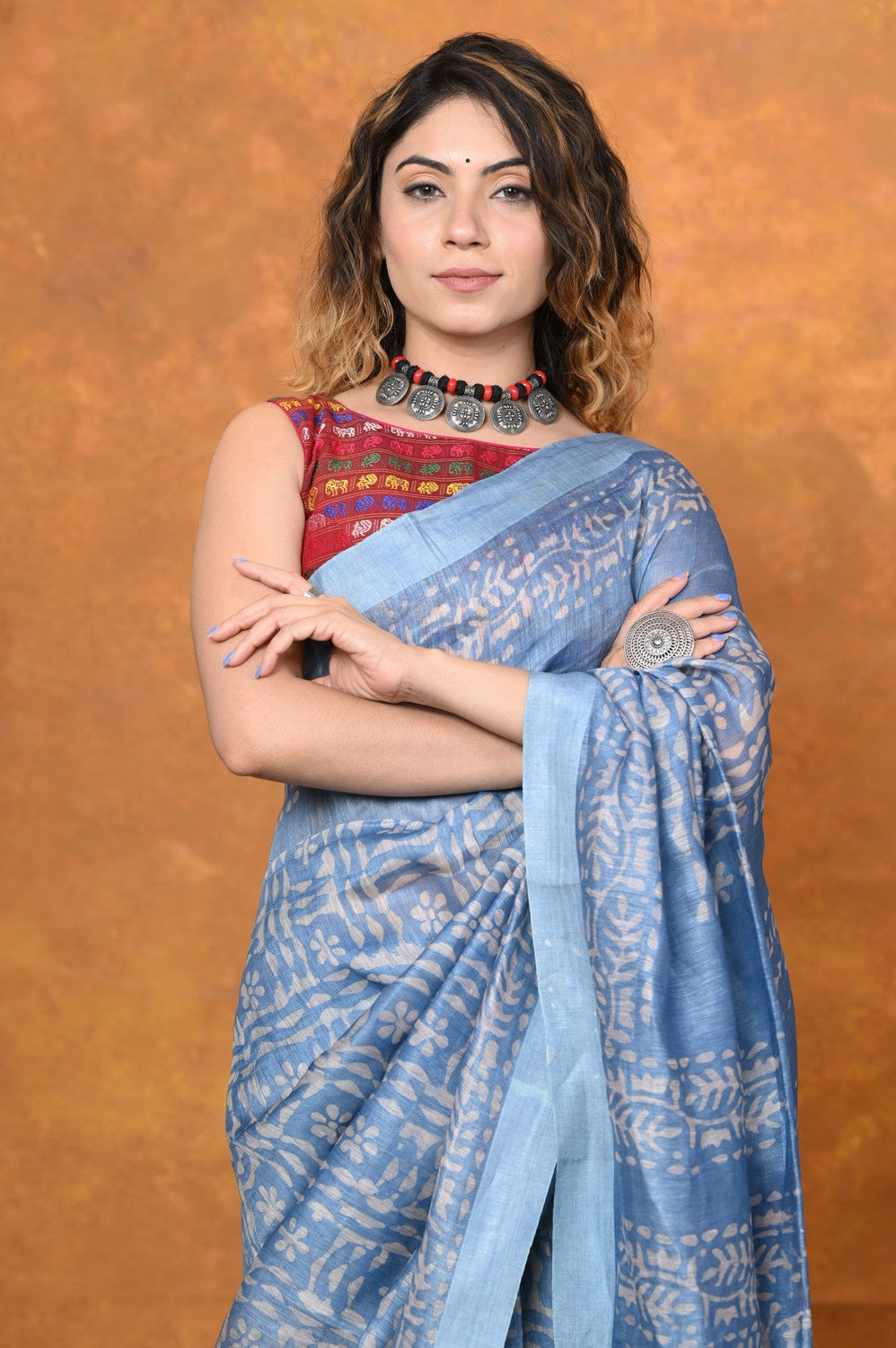 Very Much Indian Designed By VMI - Handloom Pure Organic Natural Linen Silk Saree with Allover Handblock Print - Powder Blue | Swadesiicart