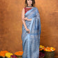 Very Much Indian Designed By VMI - Handloom Pure Organic Natural Linen Silk Saree with Allover Handblock Print - Powder Blue | Swadesiicart