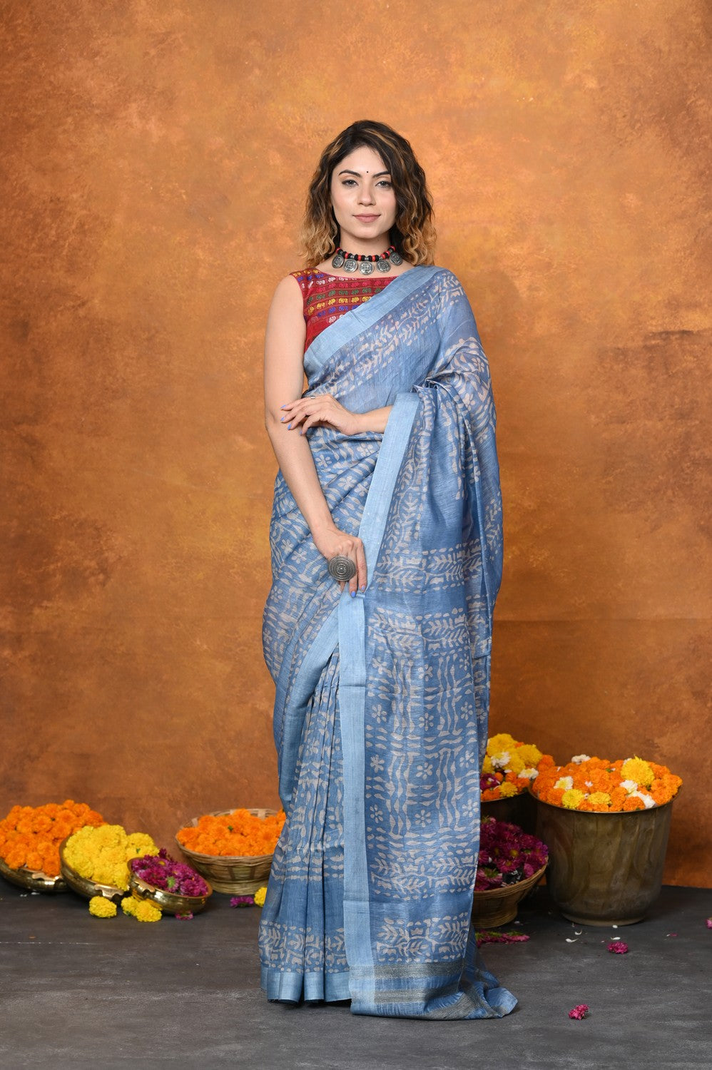 Very Much Indian Designed By VMI - Handloom Pure Organic Natural Linen Silk Saree with Allover Handblock Print - Powder Blue | Swadesiicart
