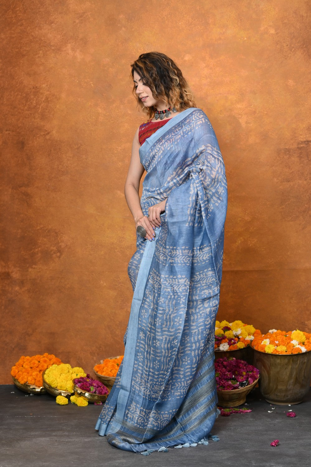 Very Much Indian Designed By VMI - Handloom Pure Organic Natural Linen Silk Saree with Allover Handblock Print - Powder Blue | Swadesiicart