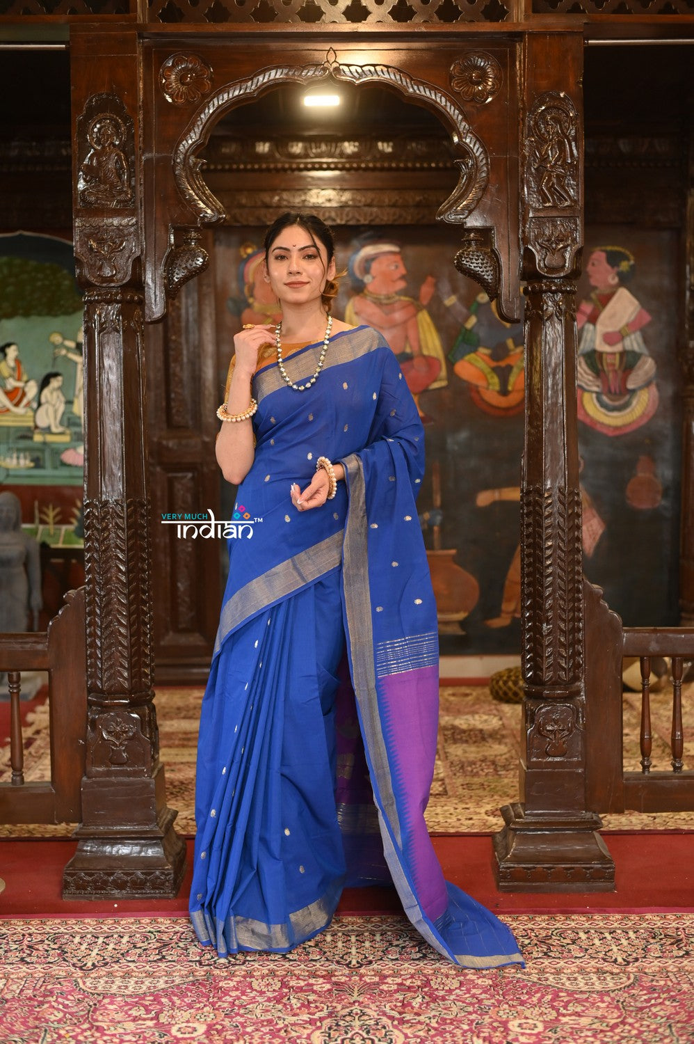 Very Much Indian Authentic Handloom Pure Cotton Paithani with Handcrafted Swan Pallu - Marine Blue | Swadesiicart