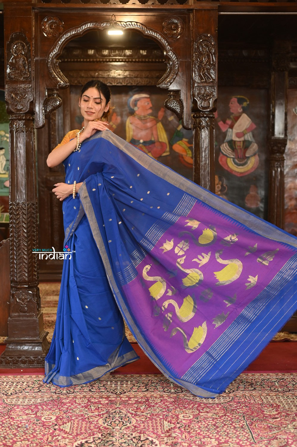 Very Much Indian Authentic Handloom Pure Cotton Paithani with Handcrafted Swan Pallu - Marine Blue | Swadesiicart