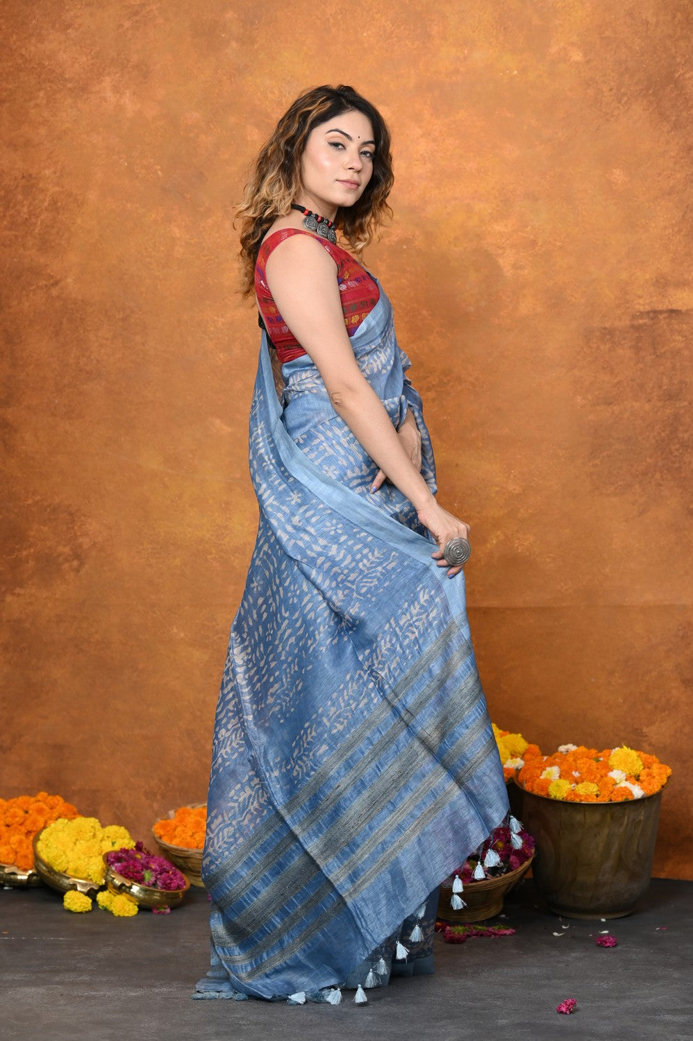 Very Much Indian Designed By VMI - Handloom Pure Organic Natural Linen Silk Saree with Allover Handblock Print - Powder Blue | Swadesiicart