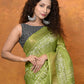 Very Much Indian Designed By VMI - Handloom Pure Organic Natural Linen Silk Saree with Allover Handblock Print - Green | Swadesiicart