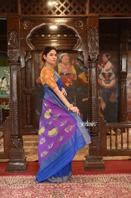 Very Much Indian Authentic Handloom Pure Cotton Paithani with Handcrafted Swan Pallu - Marine Blue | Swadesiicart