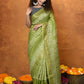Very Much Indian Designed By VMI - Handloom Pure Organic Natural Linen Silk Saree with Allover Handblock Print - Green | Swadesiicart