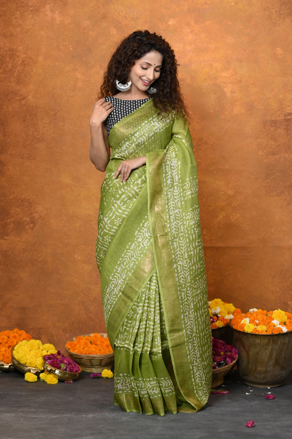 Very Much Indian Designed By VMI - Handloom Pure Organic Natural Linen Silk Saree with Allover Handblock Print - Green | Swadesiicart