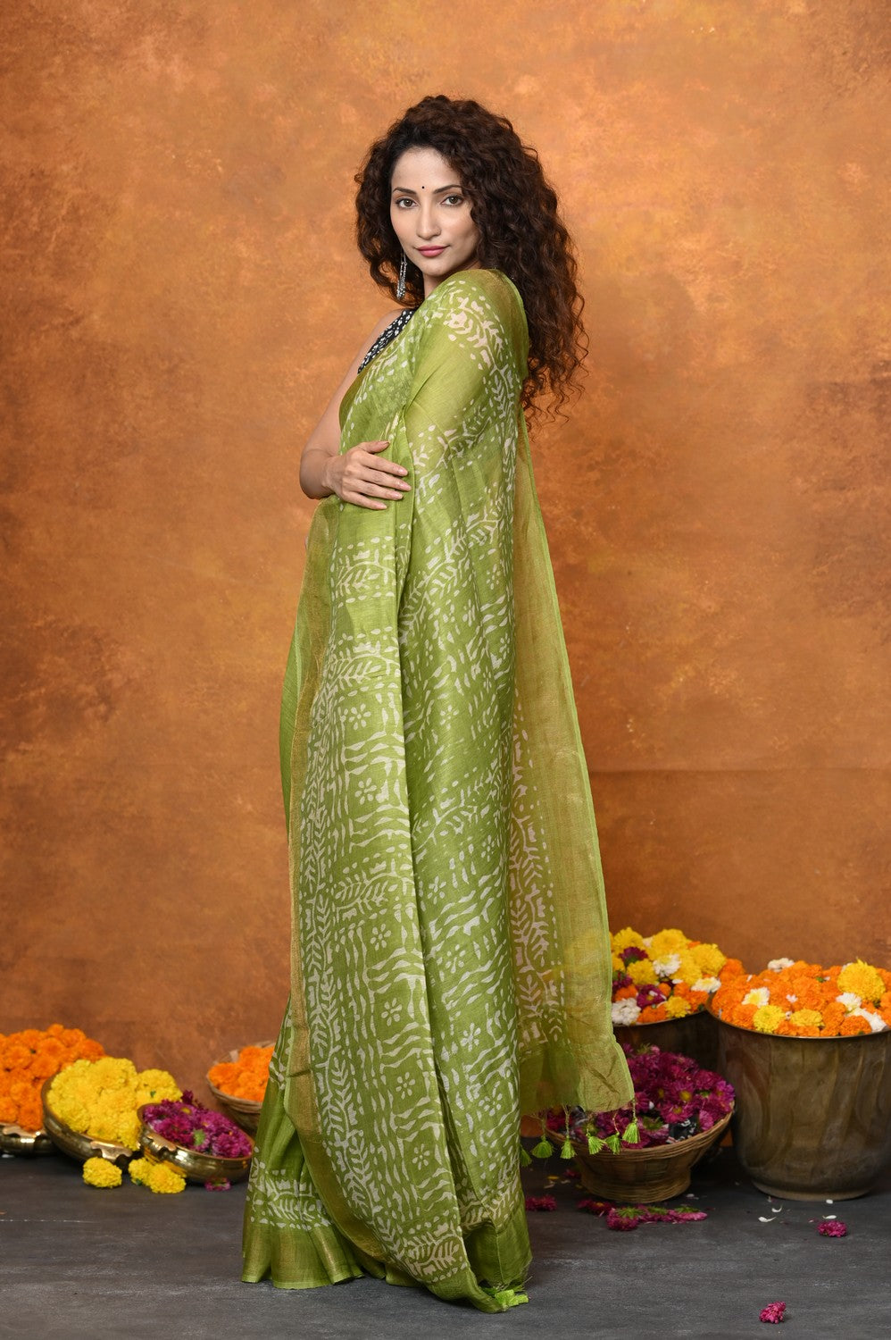 Very Much Indian Designed By VMI - Handloom Pure Organic Natural Linen Silk Saree with Allover Handblock Print - Green | Swadesiicart