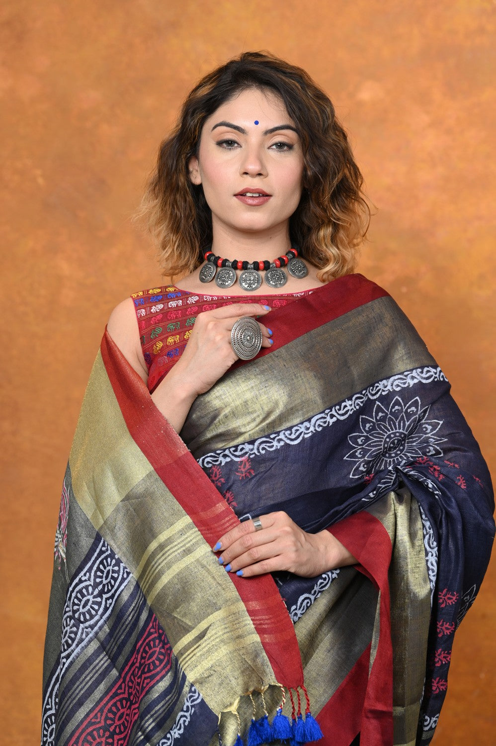 Very Much Indian Designed By VMI - Handloom Pure Organic Natural Linen Saree - HandBlock Printed | Swadesiicart