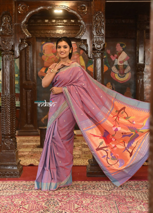 Very Much Indian Authentic Handloom Pure Cotton Paithani with Handcrafted Peacock Pallu - Dual tone Blue Pink | Swadesiicart