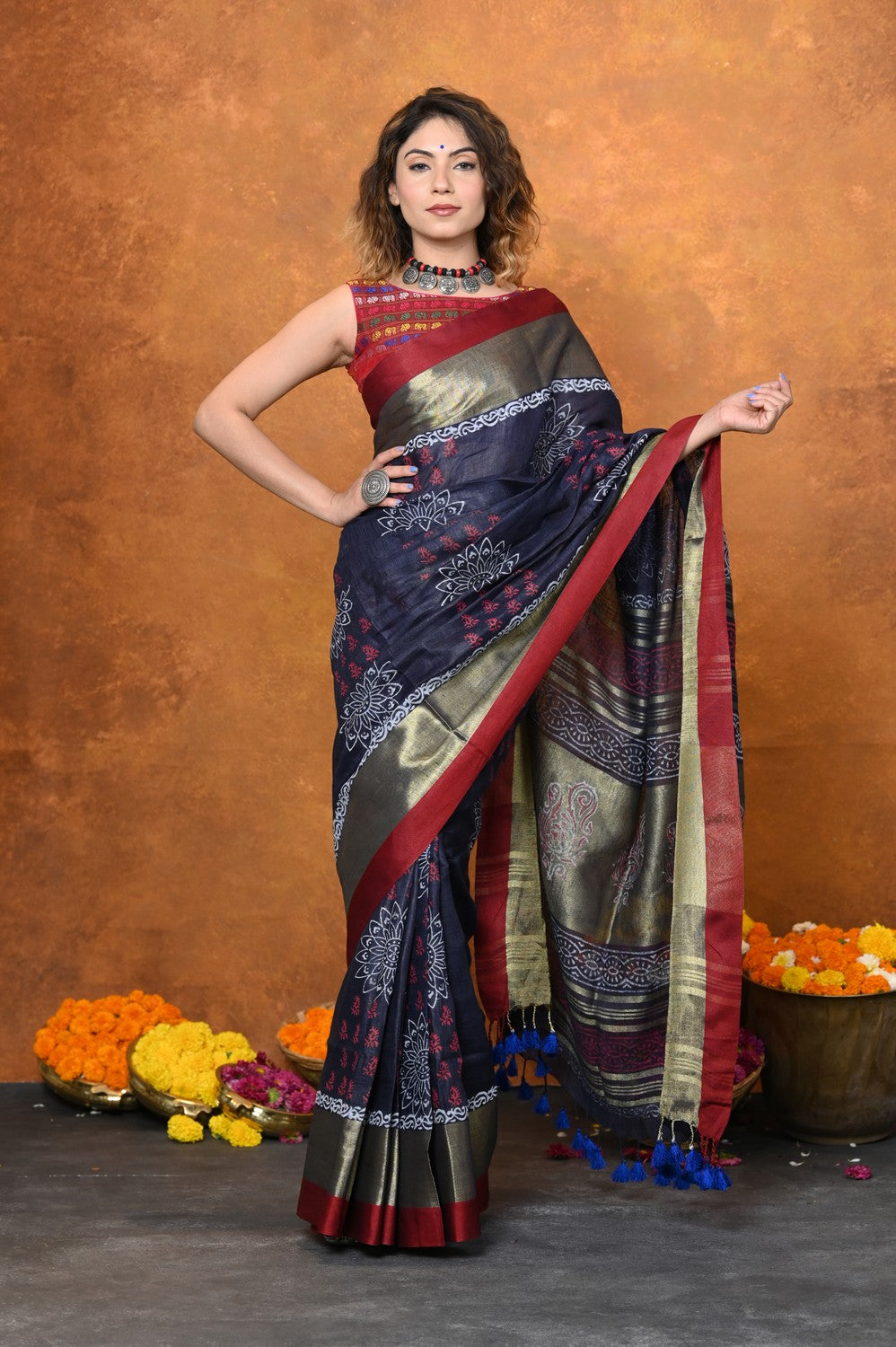 Very Much Indian Designed By VMI - Handloom Pure Organic Natural Linen Saree - HandBlock Printed | Swadesiicart