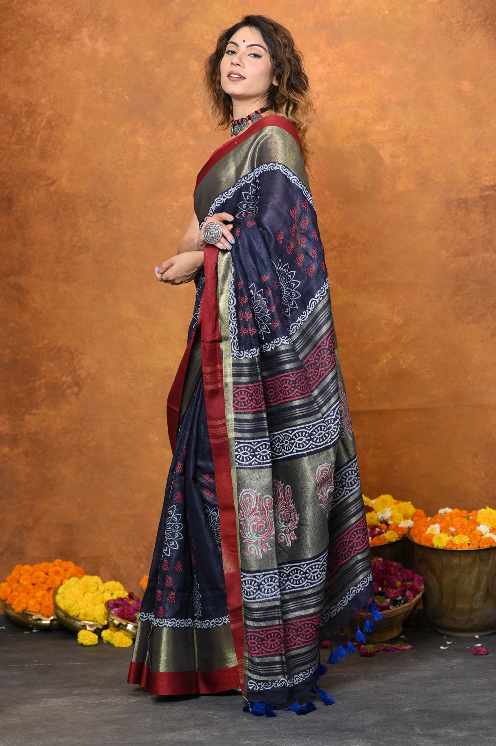 Very Much Indian Designed By VMI - Handloom Pure Organic Natural Linen Saree - HandBlock Printed | Swadesiicart