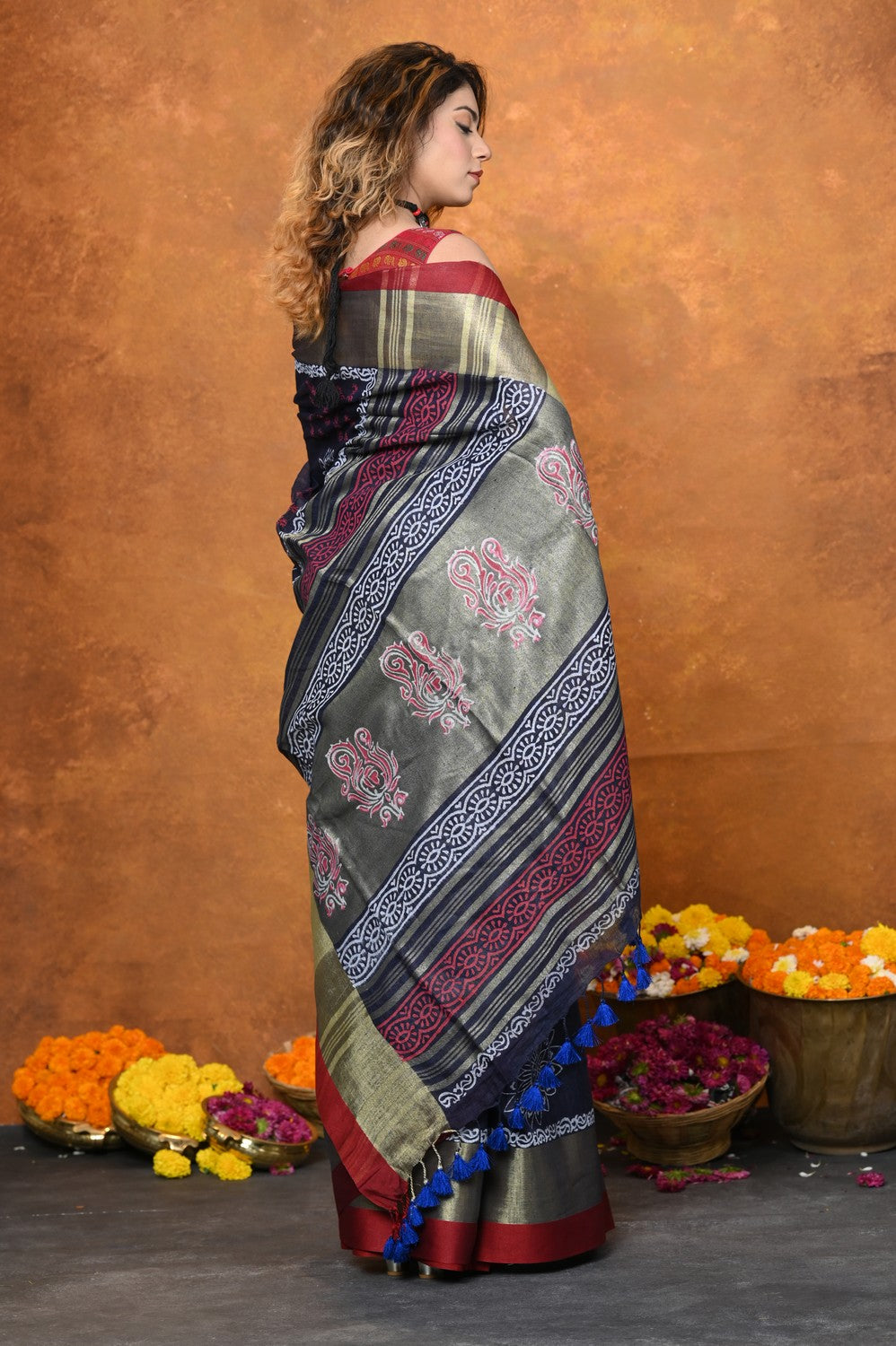 Very Much Indian Designed By VMI - Handloom Pure Organic Natural Linen Saree - HandBlock Printed | Swadesiicart