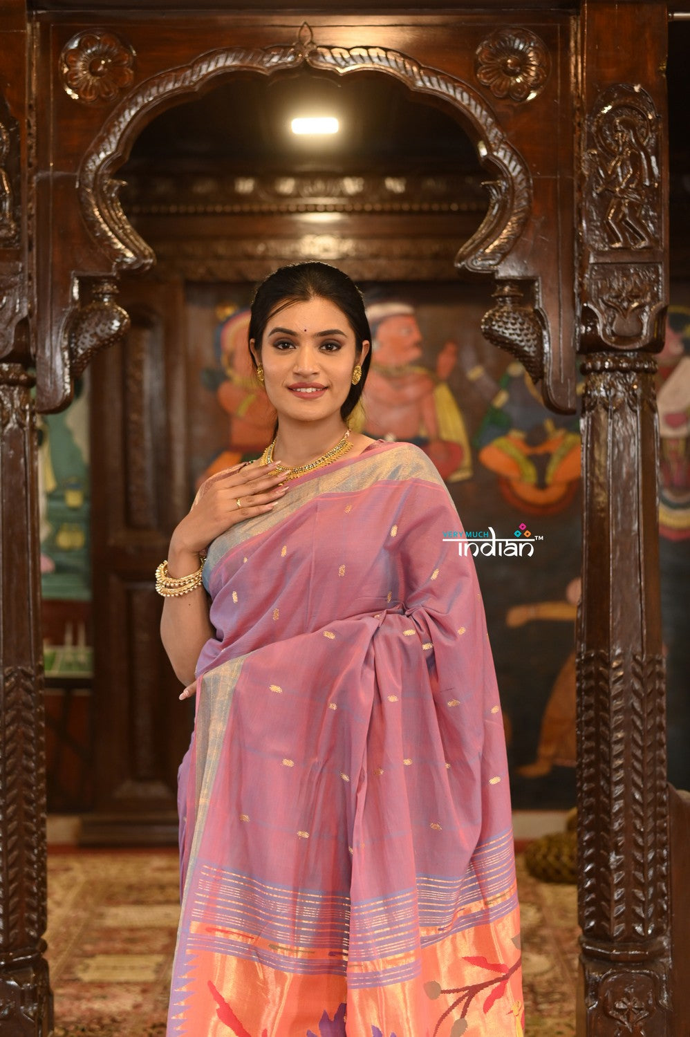 Very Much Indian Authentic Handloom Pure Cotton Paithani with Handcrafted Peacock Pallu - Dual tone Blue Pink | Swadesiicart