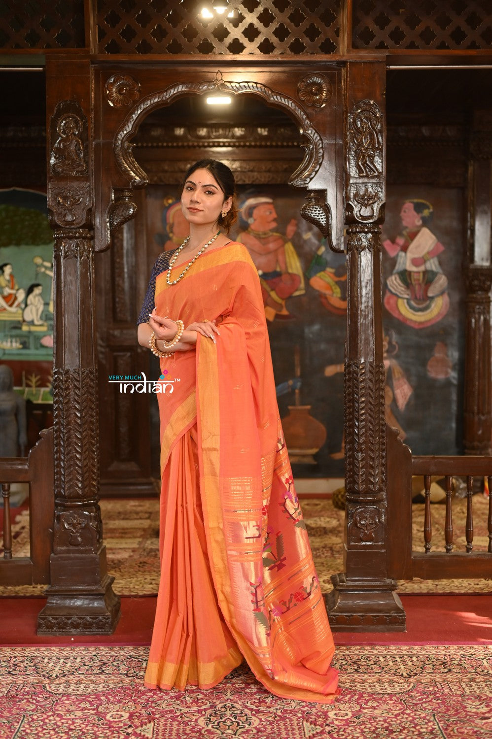 Very Much Indian Authentic Handloom Pure Cotton Paithani with Handcrafted Asawali Pallu - Orange Shade | Swadesiicart