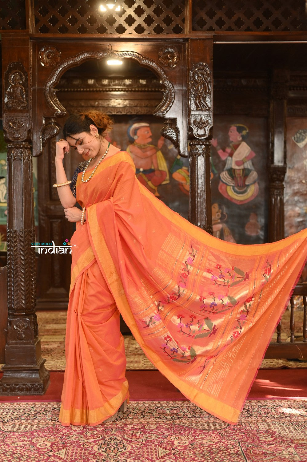 Very Much Indian Authentic Handloom Pure Cotton Paithani with Handcrafted Asawali Pallu - Orange Shade | Swadesiicart