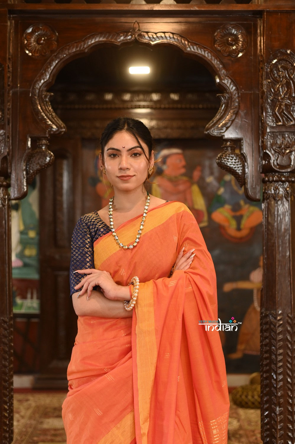 Very Much Indian Authentic Handloom Pure Cotton Paithani with Handcrafted Asawali Pallu - Orange Shade | Swadesiicart