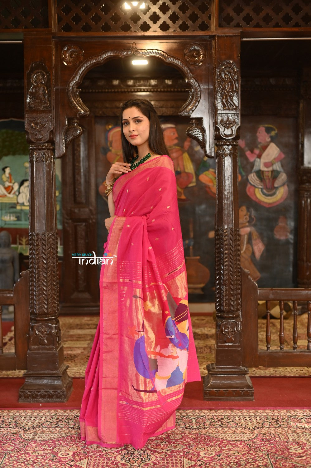 Very Much Indian Authentic Handloom Pure Cotton Paithani with Handcrafted Radhakrishna Pallu - Rani Pink | Swadesiicart