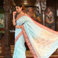 Very Much Indian Authentic Handloom Pure Cotton Paithani with Handcrafted Double Pallu - Powder Blue and Red Border | Swadesiicart