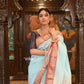 Very Much Indian Authentic Handloom Pure Cotton Paithani with Handcrafted Double Pallu - Powder Blue and Red Border | Swadesiicart