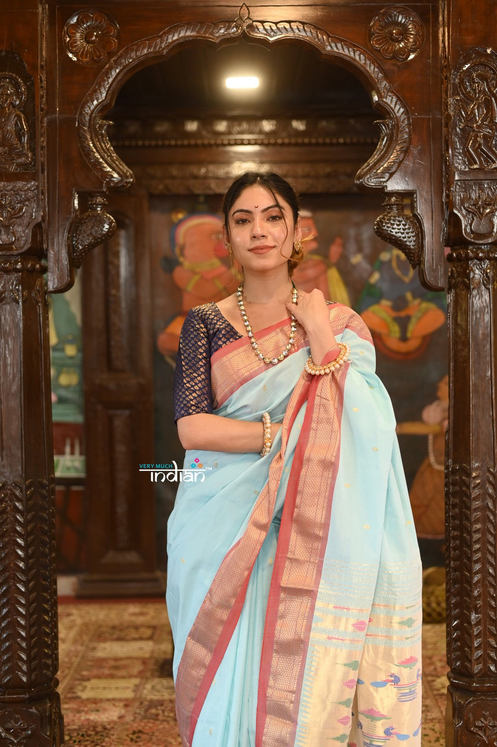 Very Much Indian Authentic Handloom Pure Cotton Paithani with Handcrafted Double Pallu - Powder Blue and Red Border | Swadesiicart
