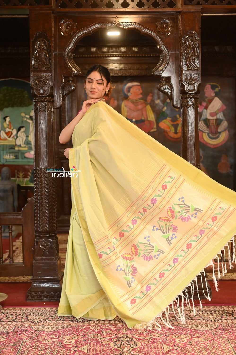 Very Much Indian Authentic Handloom Pure Cotton Paithani with Handcrafted Asawali Pallu - Lime Yellow | Swadesiicart