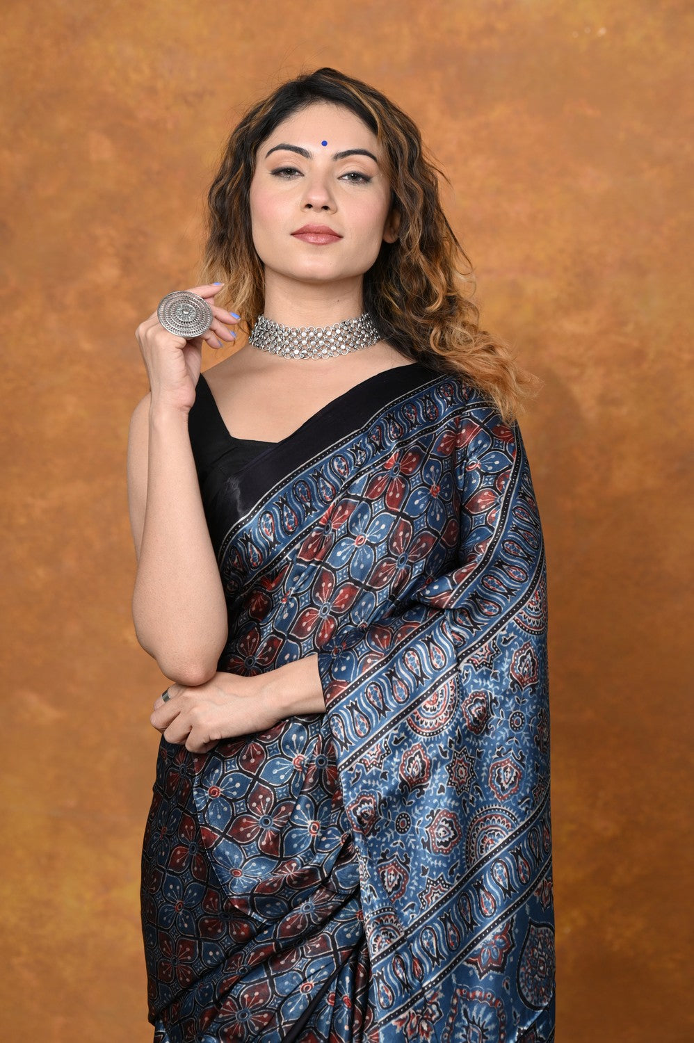 Very Much Indian Handloom Modal Silk Saree With Ajrakh Handblock Print With Eco-Friendly Vegetable Dye - Blue | Swadesiicart